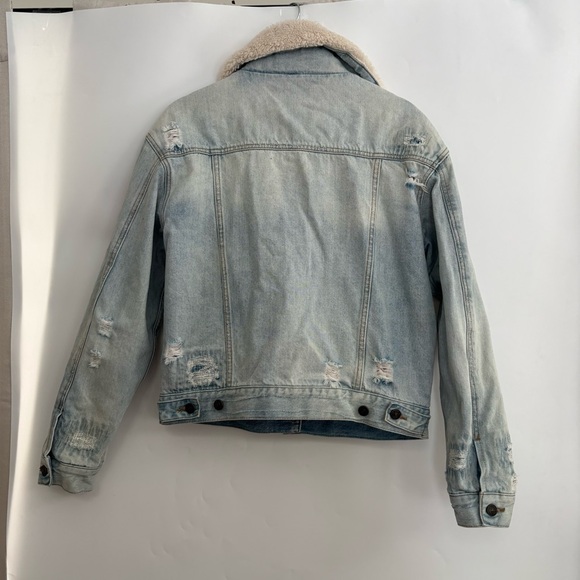 Free People Flannel Lined Sherpa Distressed Denim Trucker Jacket - Picture 5 of 9